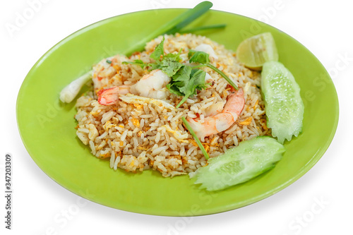 Fried rice with shrimp and fresh crab on white background.