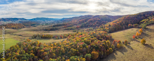 Aerial view of rural Virginia Farm country in Autumn in the valleys and hills of the Appalachian Mountains