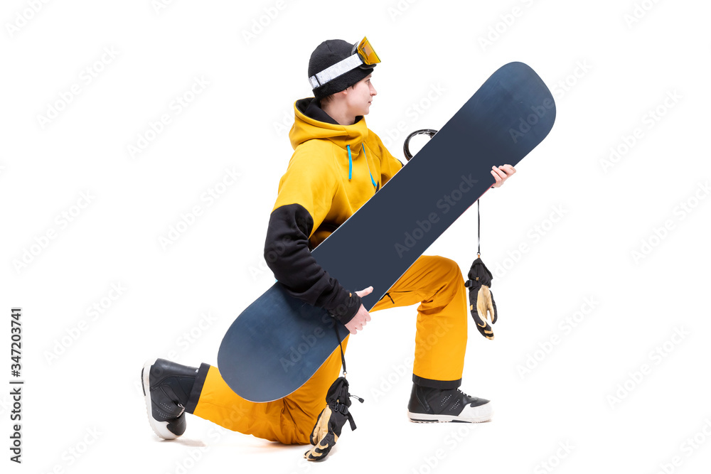 Man in sportswear with snowboard isolated white background banner