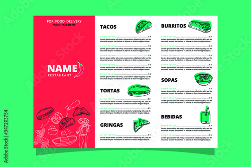 Modern menu of Mexican food with taco icons burritos mariachi piñata guacamole