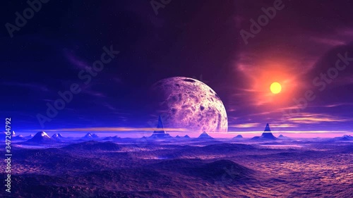 Alien Landscape. On a dark starry sky huge planet, a bright yellow sun and scattered clouds. Rare cliffs are covered with snow. There are lakes in the lowlands. There is a blue haze in the sky.

