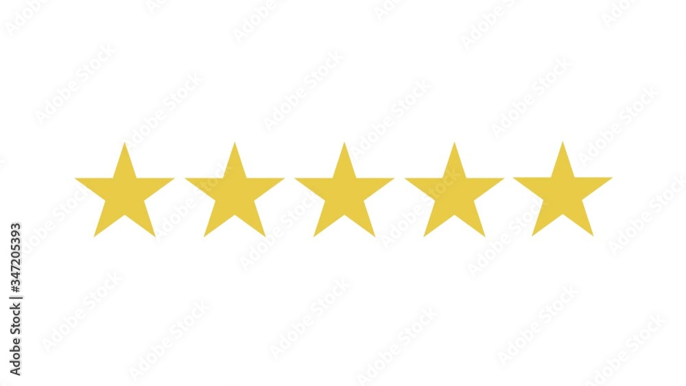 Animated five star rating on a white background. 5 stars for rating the quality of your product or service. Motion graphic