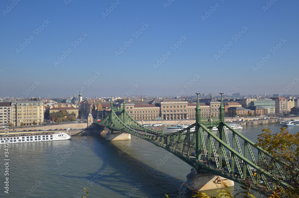 View of the Liberty bridge at Budapest, Hungary during afternoon sunny time.