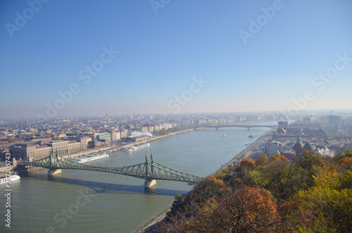 View of the Liberty bridge at Budapest, Hungary during afternoon sunny time.
