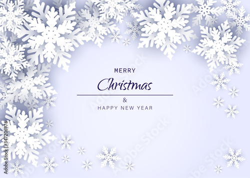 Merry christmas and happy new year snowflakes on blue background. Greeting card, invitation, flyer vector