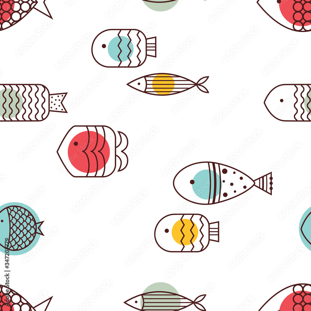 Cute line fish and polka dots. Vector seamless pattern.