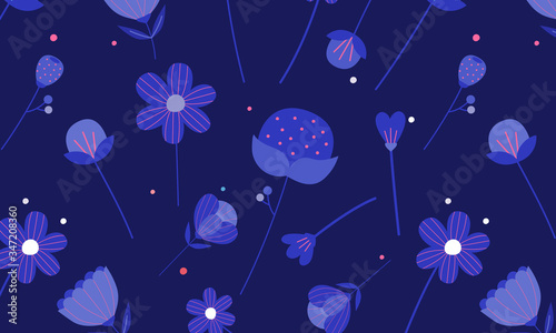  tropical floral seamless pattern with trends fashion colors. Color of the year 2020, lush lava, aqua menthe and phantom blue