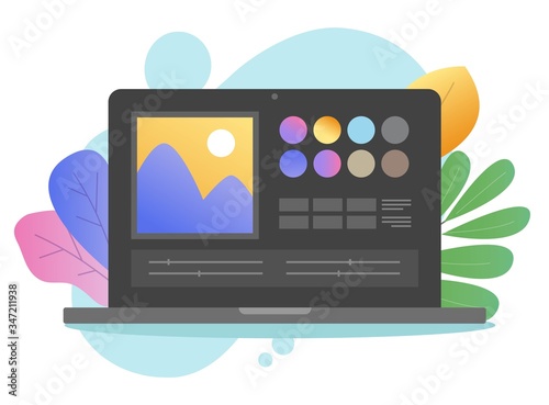 Photo editor app online image software vector on laptop pc or computer artist studio picture creating on digital drawing program flat cartoon dark on colorful background