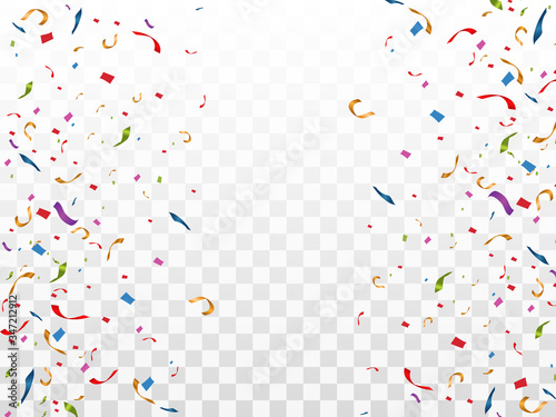 Colorful confetti fall on the podium. Realistic white podium with spotlights. First place. Vector illustration of a holiday.