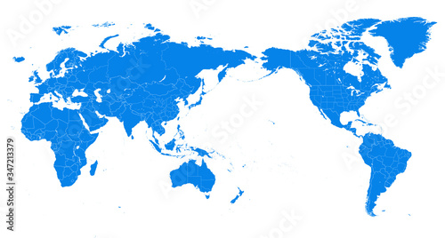 World Map - Pacific China Asia Centered View - Blue Color Political - Vector