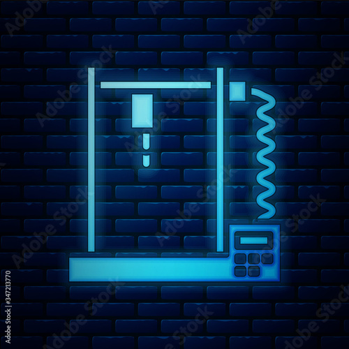 Glowing neon 3D printer icon isolated on brick wall background.  Vector Illustration