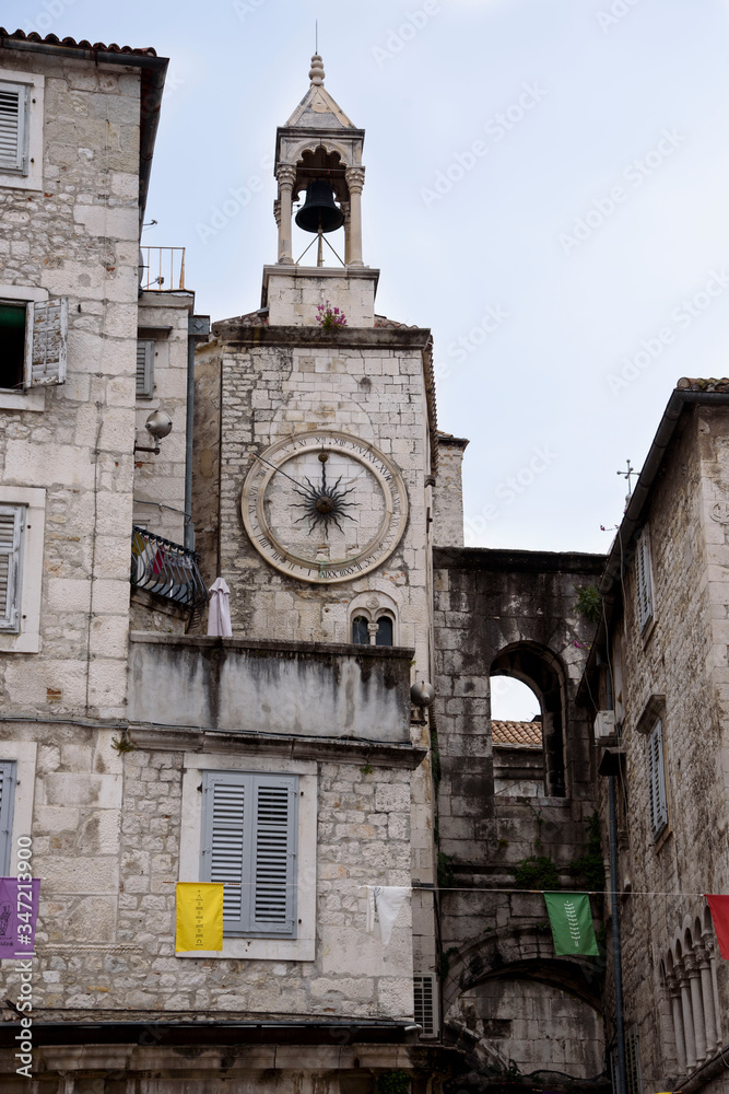 Clock on a bell tower in Split, port city of the Dalmatian coast, on the Adriatic Sea, Croatia, Europe.