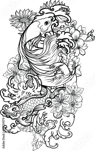 Colorful Siamese fighting fish or betta fish swimming in Japanese wave with peony and daisy flowers for hand drawn tattoo art design in  geometric and circular ornament frame