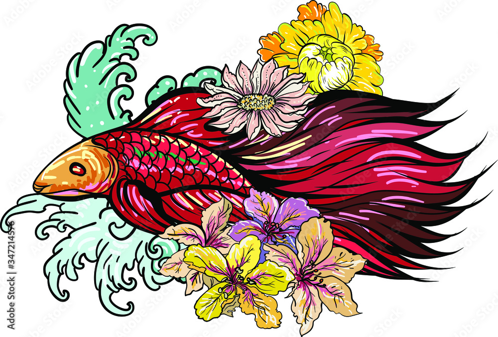 Fototapeta premium Colorful Siamese fighting fish or betta fish swimming in Japanese wave with peony and daisy flowers for hand drawn tattoo art design in geometric and circular ornament frame