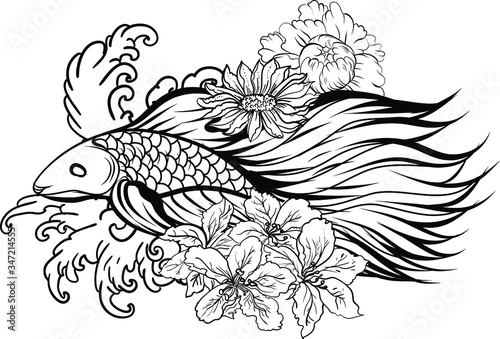 Colorful Siamese fighting fish or betta fish swimming in Japanese wave with peony and daisy flowers for hand drawn tattoo art design in  geometric and circular ornament frame