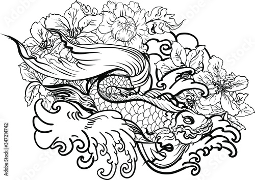 Colorful Siamese fighting fish or betta fish swimming in Japanese wave with peony and daisy flowers for hand drawn tattoo art design in  geometric and circular ornament frame
