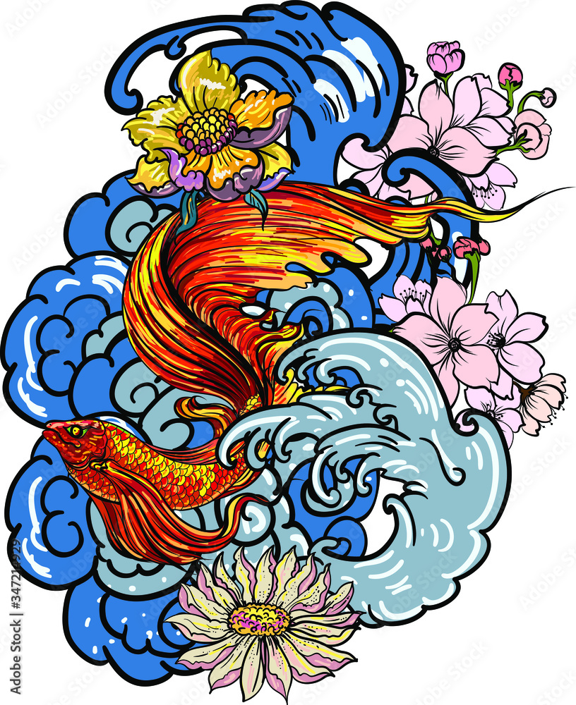 Obraz premium Colorful Siamese fighting fish or betta fish swimming in Japanese wave with peony and daisy flowers for hand drawn tattoo art design in geometric and circular ornament frame