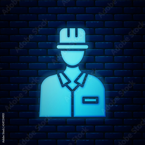 Glowing neon Oilman icon isolated on brick wall background.  Vector Illustration