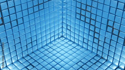 Blue Glossy Blocks. Abstract Matallic Cubes Background. 3D Rendering.
