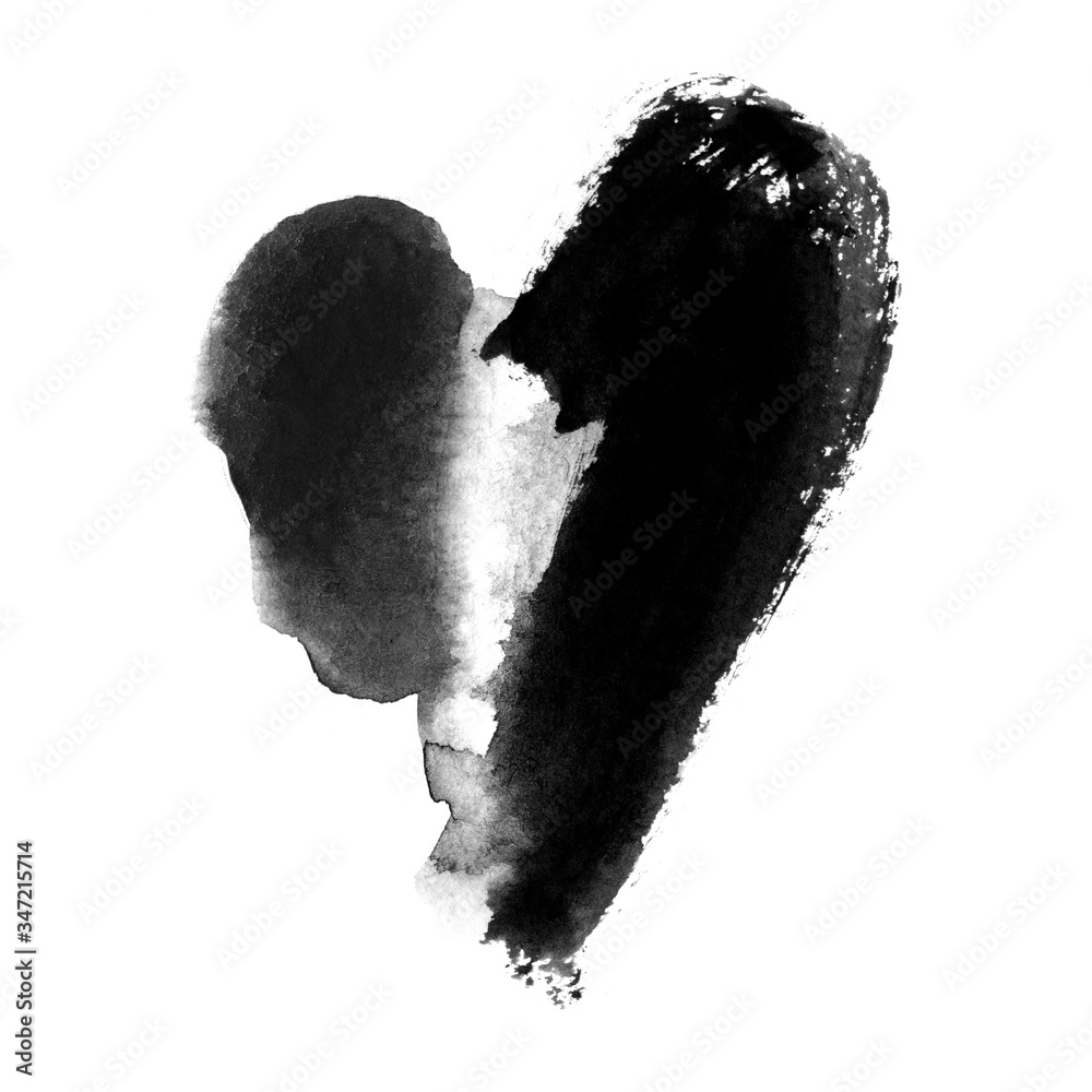 Fototapeta premium Black heart. Watercolor grunge design element, box or background for text. Hand drawn ink illustration isolated on white.