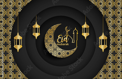 Eid mubarak ,Ramadan mubarak background. Design with moon,  gold lantern on black background. Vector.