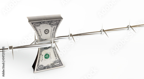 3d rendering of us dollars protected with barb wire