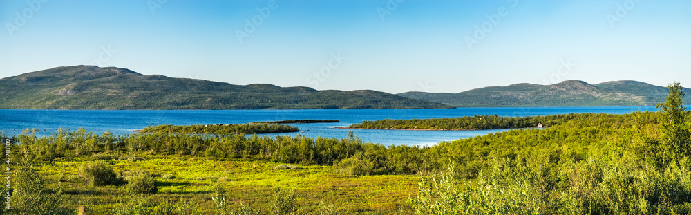 Fototapeta premium Summer landscape with green medow and lake, forest and village on horizon near Sangis in Kalix Municipality, Norrbotten, Sweden. Swedish landscape in summertime.