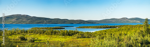 Summer landscape with green medow and lake  forest and village on horizon near Sangis in Kalix Municipality  Norrbotten  Sweden. Swedish landscape in summertime.