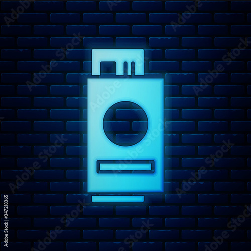 Glowing neon Passport with ticket icon isolated on brick wall background. Identification Document. Concept travel and tourism.  Vector Illustration