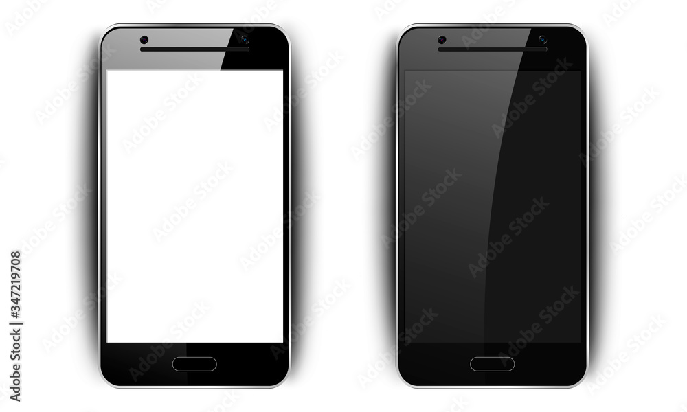Realistic black smartphone. Phone mockup with shadow, camera and glare, mobile phone with blank screen for your design on isolated background, vector illustration Realistic black smartphone. Phone mockup with shadow, camera and glare, mobile phone with blank screen for your design on isolated background, vector illustration