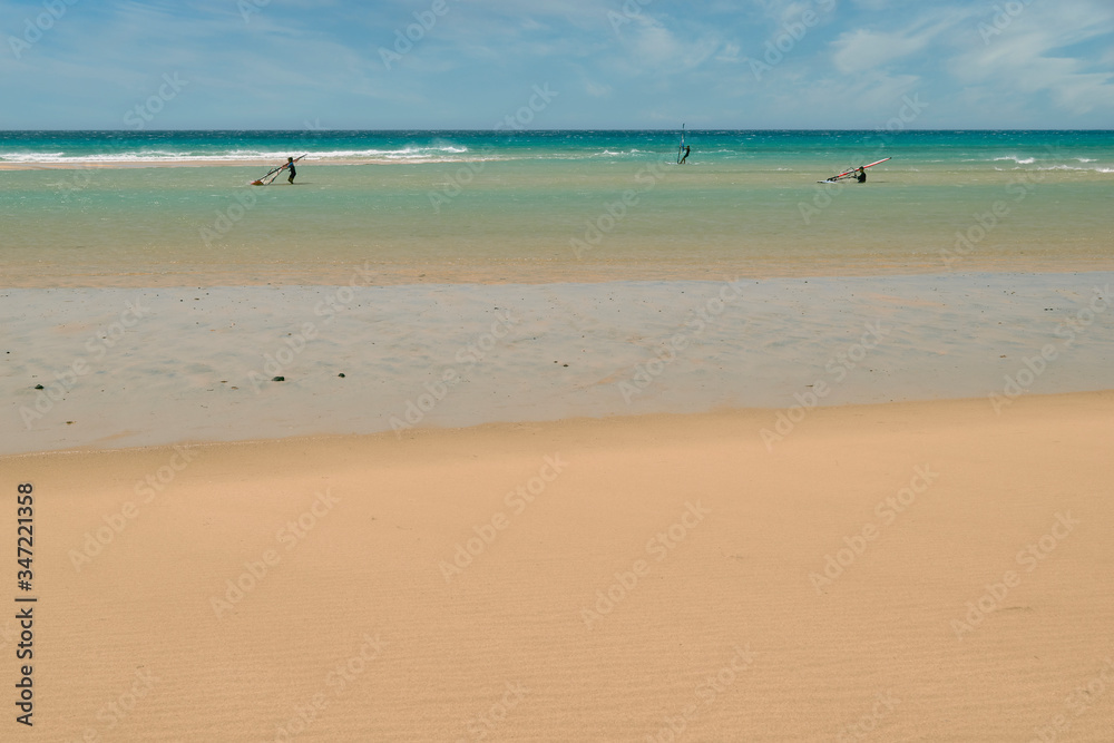 Group of surfers learning to surf on the beach shore in Fuerteventura Group of surfers learning to surf on the beach shore in Fuerteventura