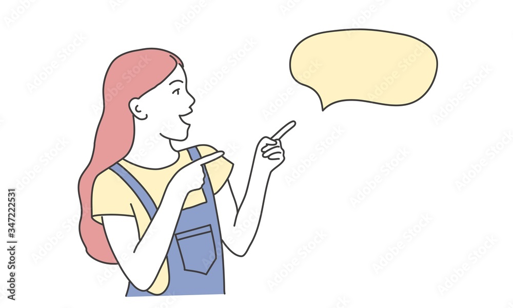 Happy girl pointing finger on speech bubble. Hand drawn vector illustration.