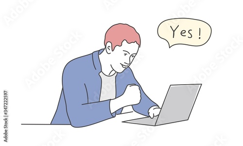 Guy looks at the laptop and raises his hand in a yes gesture. Hand drawn vector illustration.