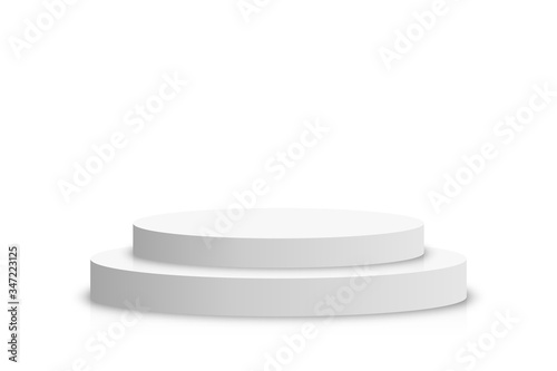 White 3d podium mockup in circle shape. Empty stage or pedestal mockup isolated on white background. Podium or platform for award ceremony and product presentation