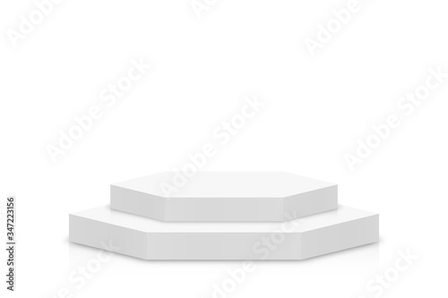 White 3d podium mockup in hexagon shape. Empty stage or pedestal mockup isolated on white background. Podium or platform for award ceremony and product presentation