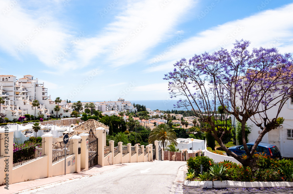 Panoramic view of the Spanish coastal village, sea and sky with feather clouds and a violet tree in the foreground