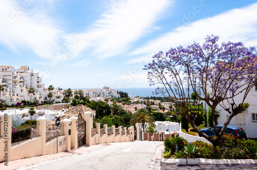 Panoramic view of the Spanish coastal village, sea and sky with feather clouds and a violet tree in the foreground