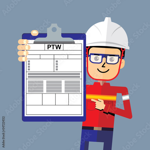 Safety manager character with the board of PTW. Permit to work document. Industrial and construction project.