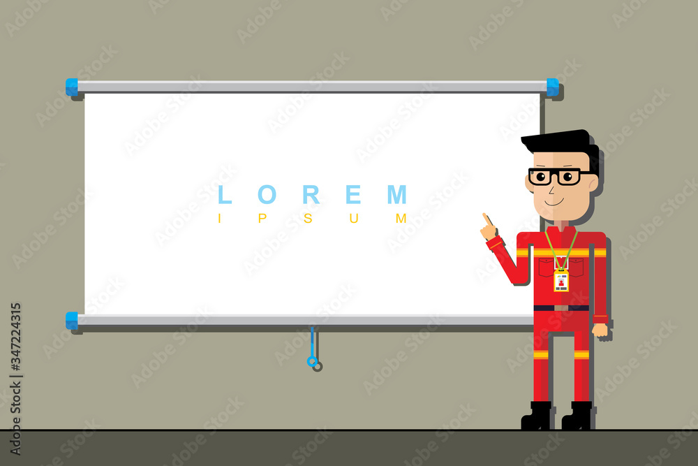 Safety manager with blank board of presentation training. Flat style cartoon. Industrial and construction. Safety manager with blank board of presentation training. Flat style cartoon. Industrial and construction.