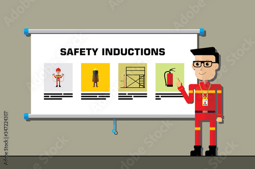 Safety officer cool character give the safety induction presentation. Graphic asset for construction, industrial and mining.
