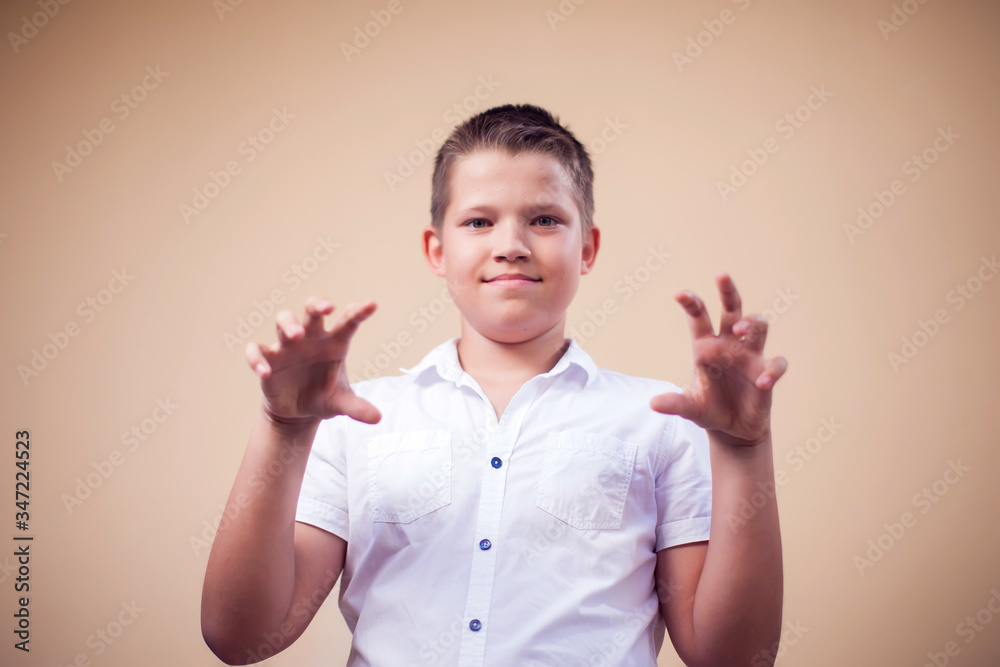 A portrait of kid boy funny frightening with hands at camera. Childhood and emotions concept A portrait of kid boy funny frightening with hands at camera. Childhood and emotions concept