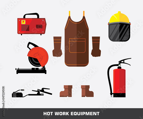 Set of hot work equipment. Fire extinguisher, cutting wheel, welding machine and personal protective.