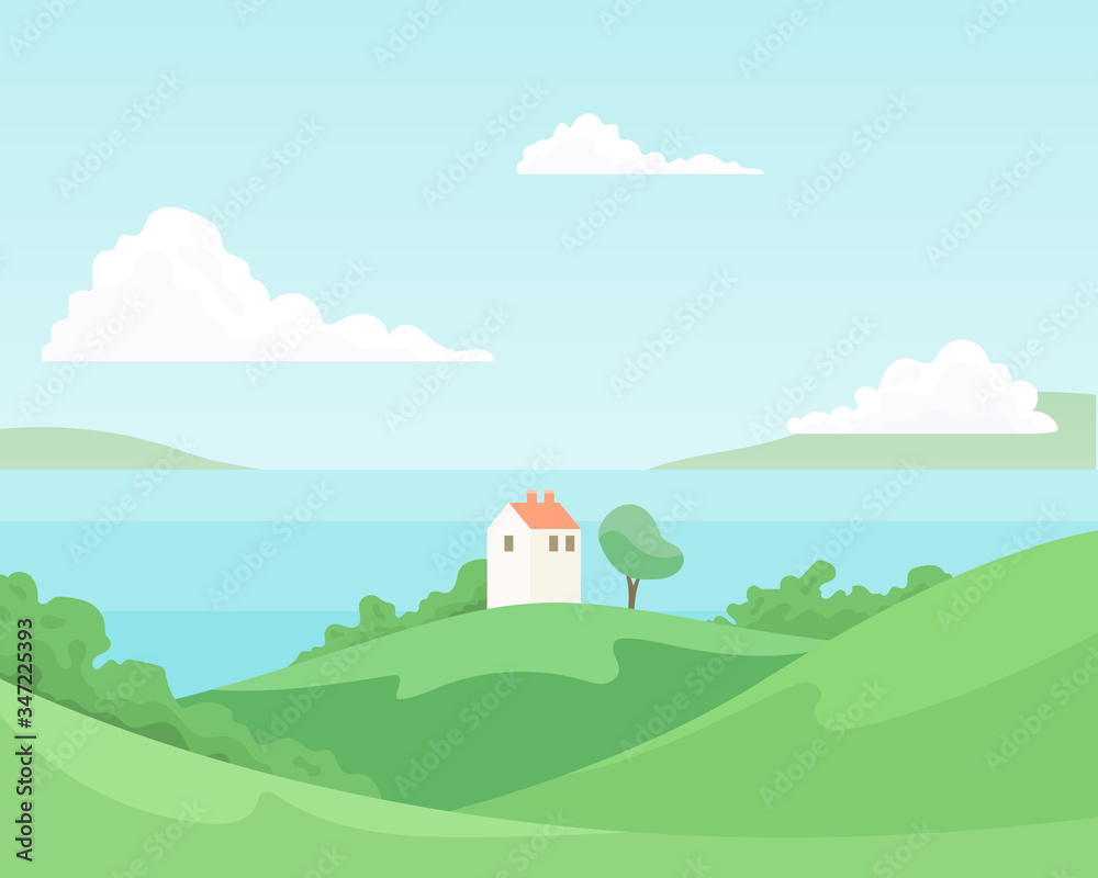 Summer fields landscape with blue sky, clouds, sea, and house. Vector background in flat cartoon style.