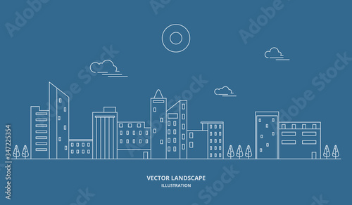 Urban landscape with building and tree. Cityscape vector. Thin line style illustration.