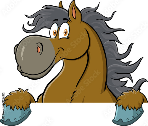 Horse Cartoon Character Over A Sign. Vector Illustration Isolated On White Background