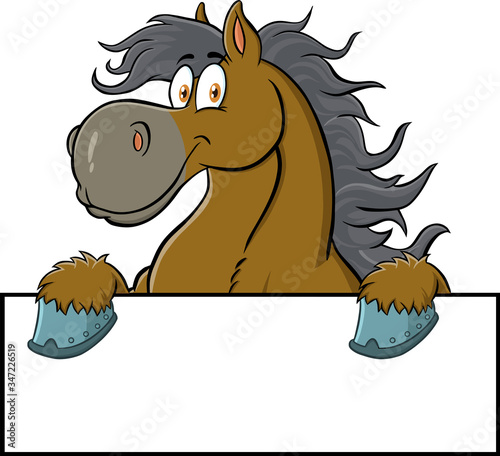 Horse Cartoon Character Over A Blank Sign. Vector Illustration Isolated On White Background