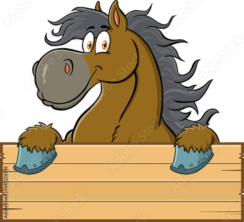 Horse Cartoon Character Over A Blank Wood Sign. Vector Illustration Isolated On White Background