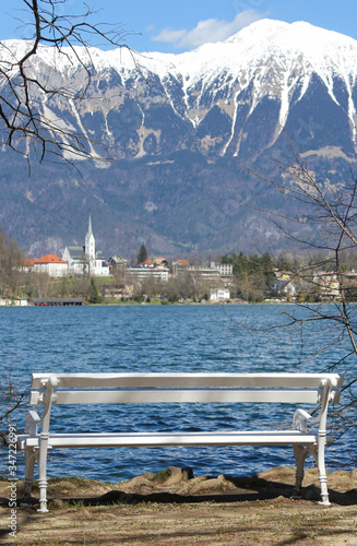 lake bled in slovenia in europe with snowy mountains