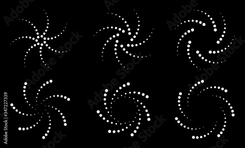Halftone circular dotted frames set. White circle dots icons on the black background. Logo design element for treatment, cosmetic, technology. Emblems using halftone circle dots texture. Vector.
