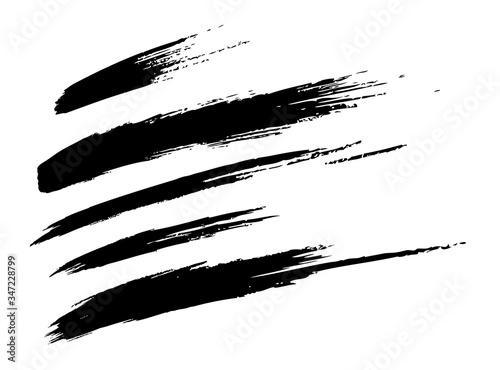 Set of hand drawn grunge oblique brush strokes. Paintbrush flying smears. Black watercolor lines. Scribble sketch banners. Vector illustration